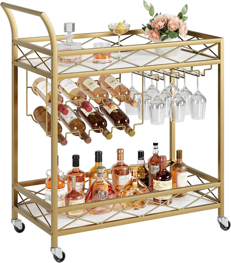 Gold Bar Cart with White Marble Shelves, Slim Serving Cart | Lockable 360° swivel wheels and anti-scratch foot pads