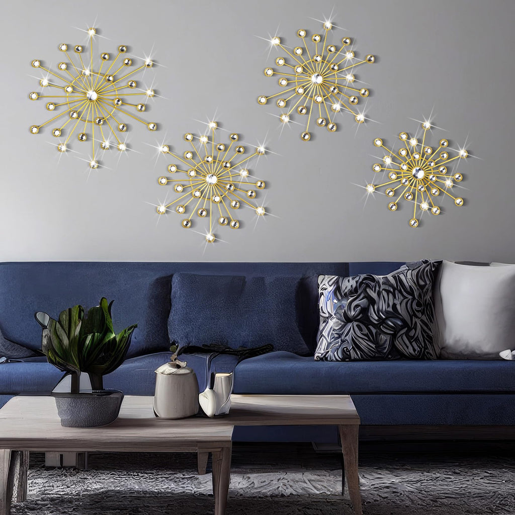 4 Pcs Gold Wall Decor Starburst Metal Wall Art with 3D Rhinestone