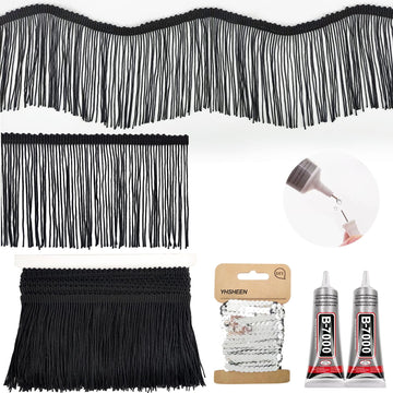 Black Fringe, 5 Yards X 4 Inch Fringe Trim with B7000 Glue, Tassels Trim for Crafts, Polyester Fibre Sewing Fringe