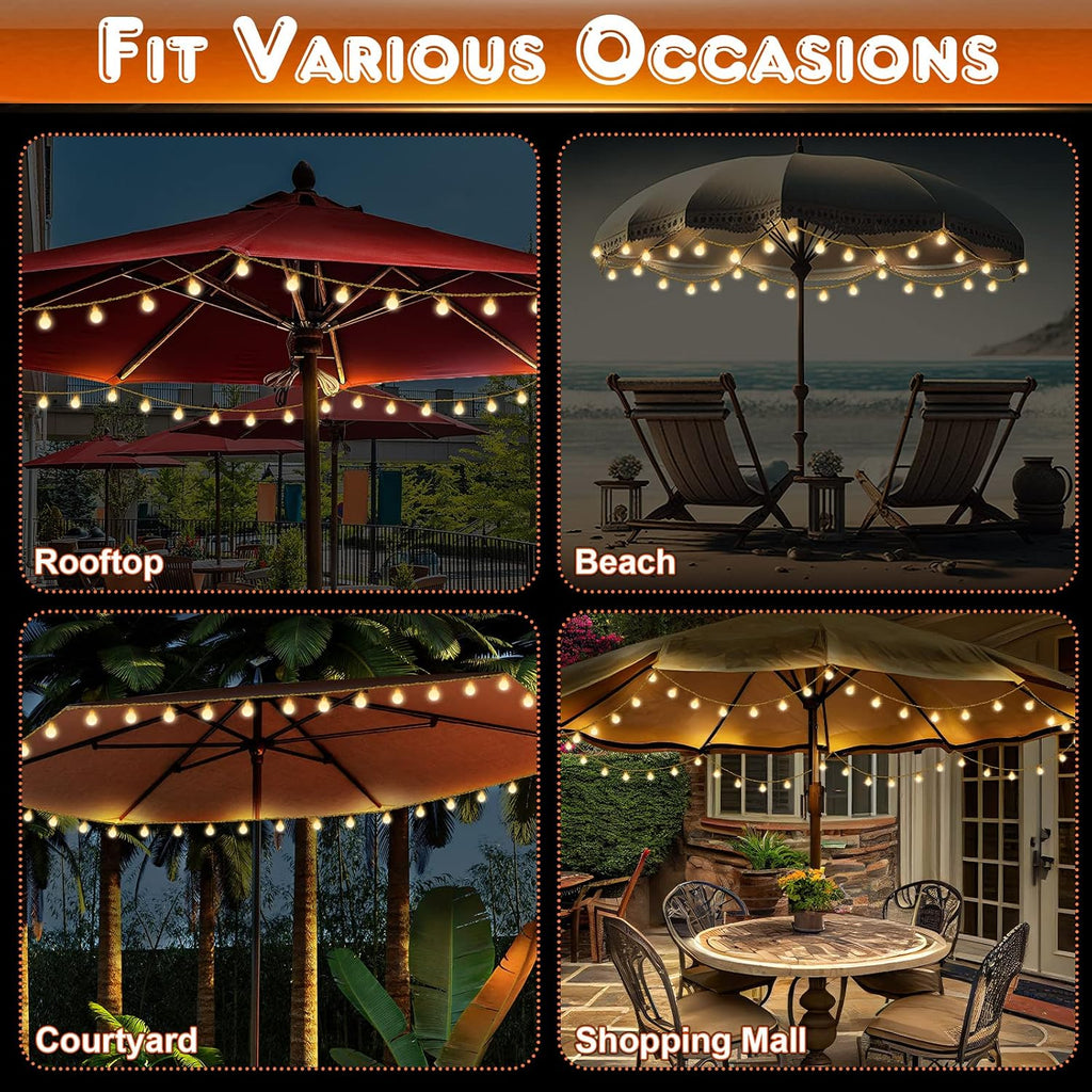 1 Pack 32 Feet Patio Umbrella Lights, 8 Lighting Modes LED String Lights with 64 Pcs Shatterproof Globe