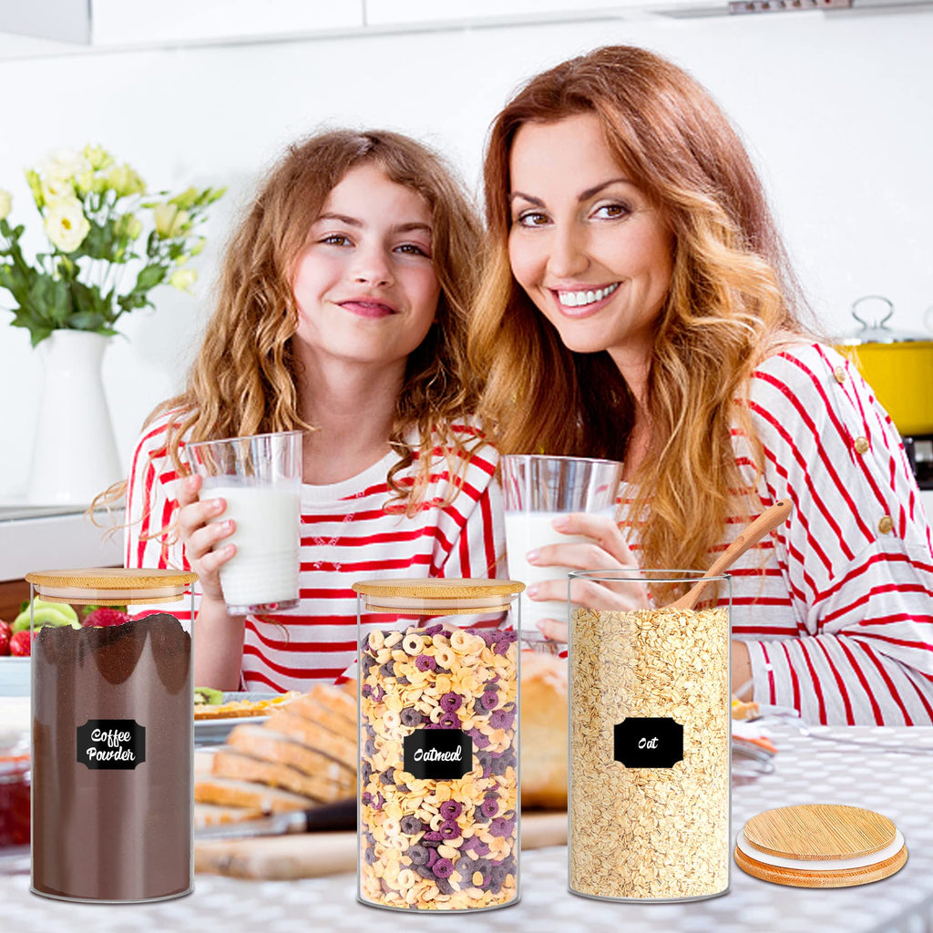 Glass Storage Jars 45 oz 4 Pcs Clear Glass Food Storage Containers with Airtight Bamboo Lid Stackable Kitchen