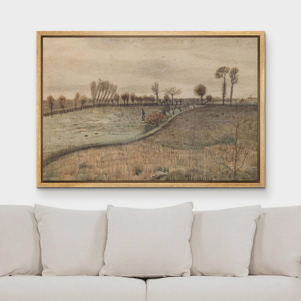 Framed Canvas Print Wall Art Vincent van Gogh Early Landscape with Farmer Field Illustrations Modern Art Bohemian