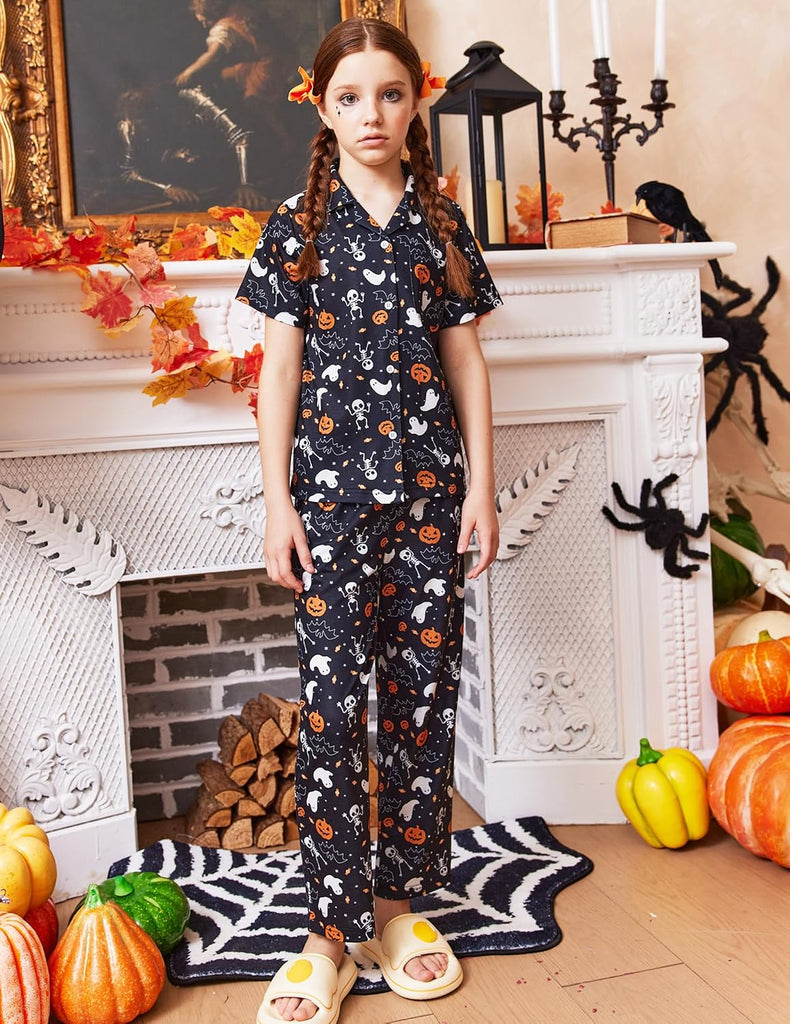 Pajamas for Girls Short Sleeve Long Pants Sleepwear Button Pjs Set