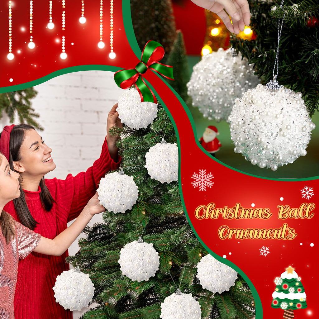 12 Pcs 6 Inch Christmas Ball Ornaments Pearl Sequin, White