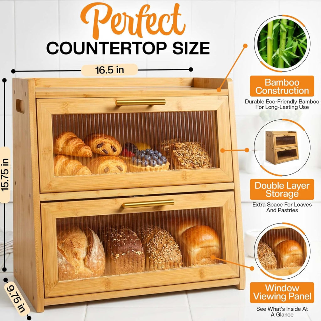Extra Large Bamboo Countertop, Double Layer Wooden Breadbox Holds Multiple Loaves of Homemade Bread, 16.5 Inch