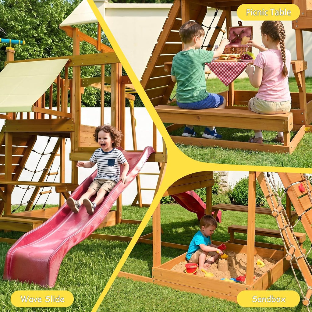 Wooden Swing Sets for Backyard, Outdoor Playground Playset for Kids Ages 3-10