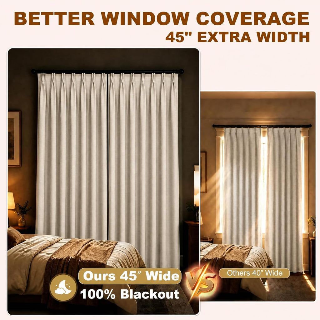 Pinch Pleated Blackout Curtains for Living Room Bedroom,100% Blackout Linen Textured Double Layer Drapes with Rings & Hooks,2 Panels Set,Natural,45" W x 84" L