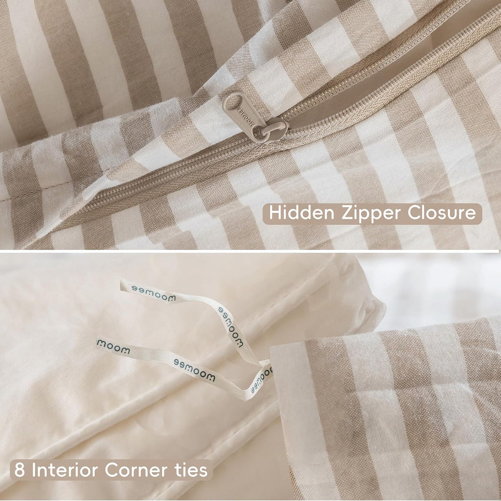 Striped Duvet Cover Set 100% Washed Cotton Linen Like Textured Breathable Durable Soft Comfy (Tannish Linen Grey