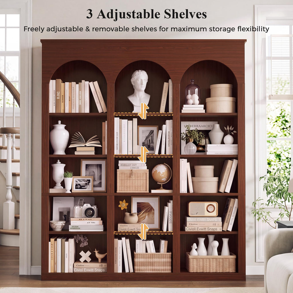 71" Triple Arched Bookcase, Tall Bookshelf with Shelves, Cherry
