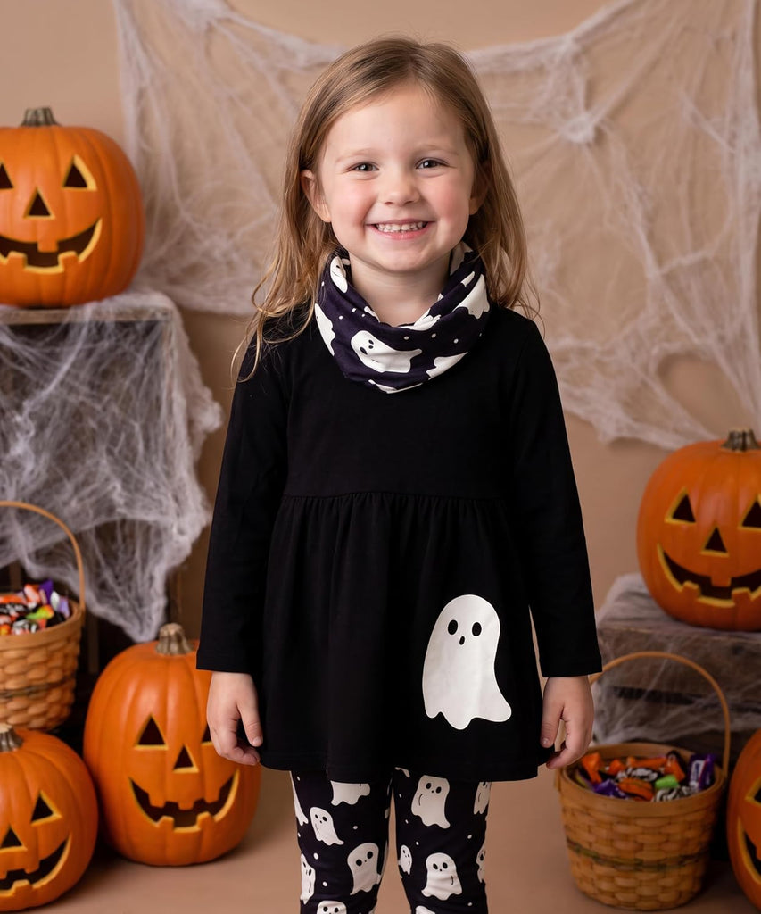 Girls Kids Toddler 3pc Outfit Set Long Sleeve Lightweight Tunic Top Leggings and Scarf