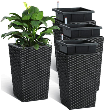 16 Inch Tall Rattan Planter Set of 4, Self Watering Plant Pots with Water Level Monitor, Outdoor and Indoor Flower