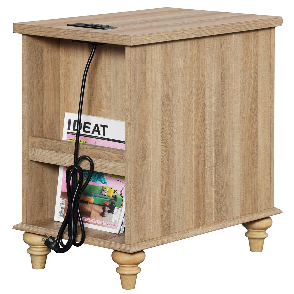 Tall Side Table with Charging Station, Rattan Night Stand with Drawer & Cabinet, Narrow Wooden with Power Outlets &