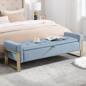 67'' End of Bed Storage Bench, Storage Ottoman Bench King Size, Modern Velvet Bed Benches for Foot of Beds with Gold