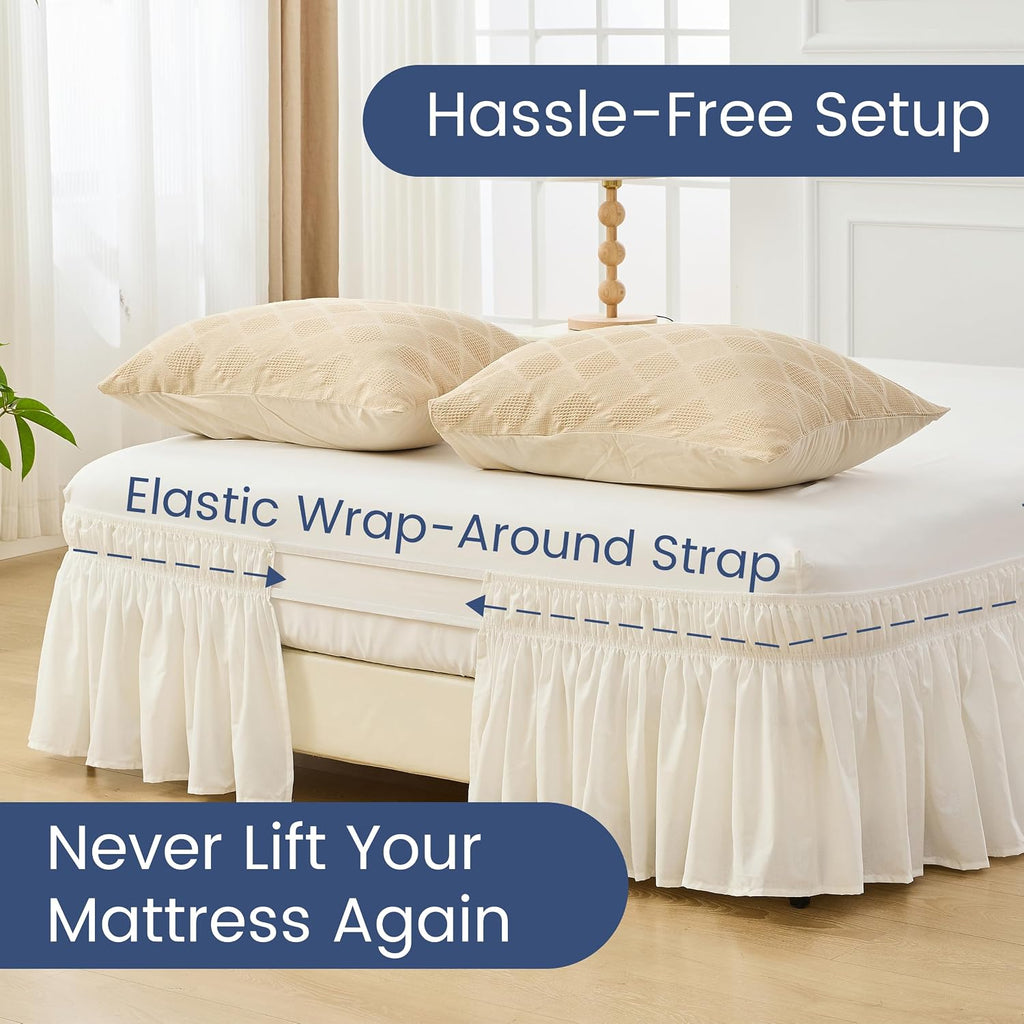 Wrap Around Bed Skirts 17" Drop, Cotton Adjustable Elastic Dust Ruffles Easy Fit Wrinkle & Fade Resistant Soft Cozy