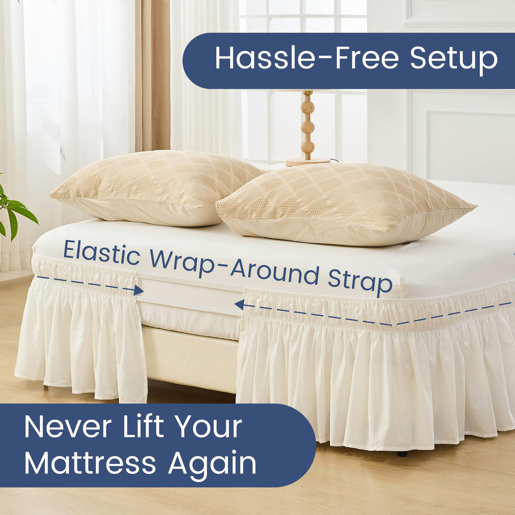 Wrap Around Bed Skirts 17" Drop, Cotton Adjustable Elastic Dust Ruffles Wrinkle & Fade Resistant Soft Cozy Elegant