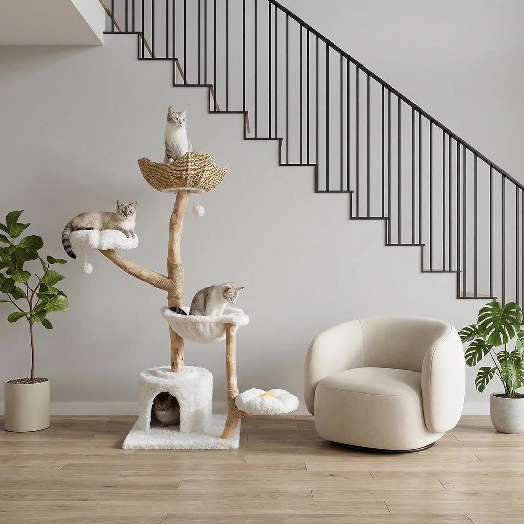 59" Modern Wood Cat Tree for Large Cats, Boho Style, Cloud White