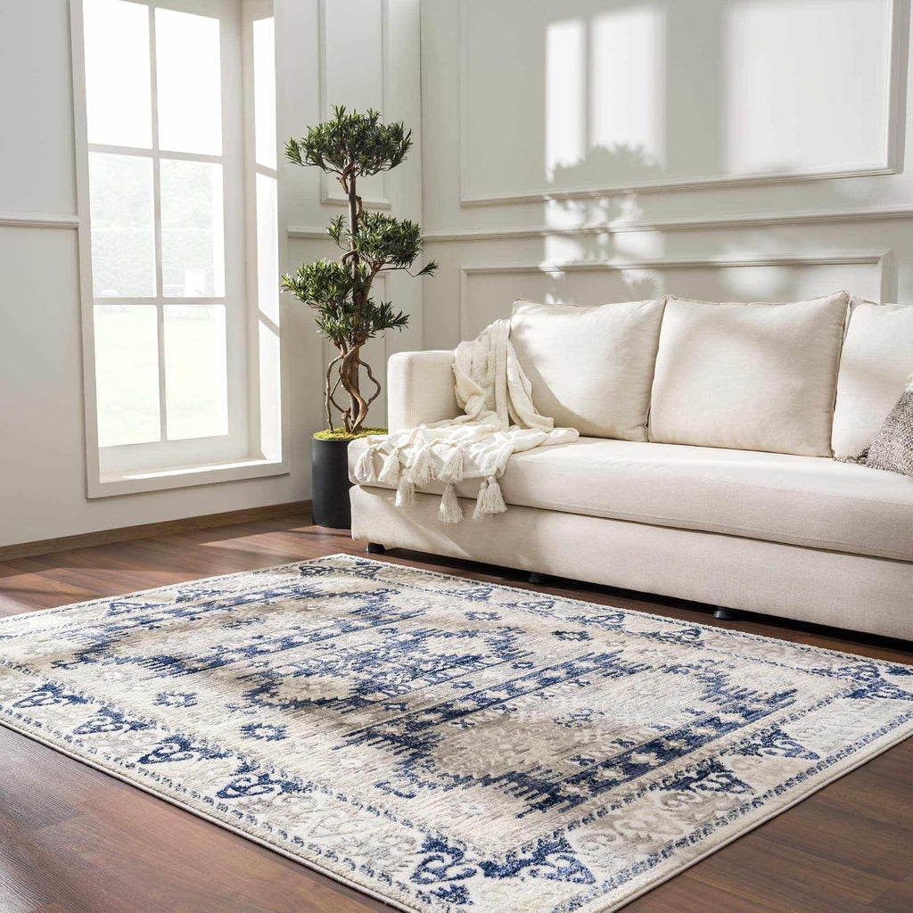 Spinoza Living Room, Bedroom Area Rug - Geometric Border Medallion Diamond Distressed - Southwestern Tribal