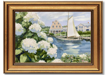 Gold Framed Vintage Coastal Canvas Wall Art, Hydrangea Seascape Wall Decor