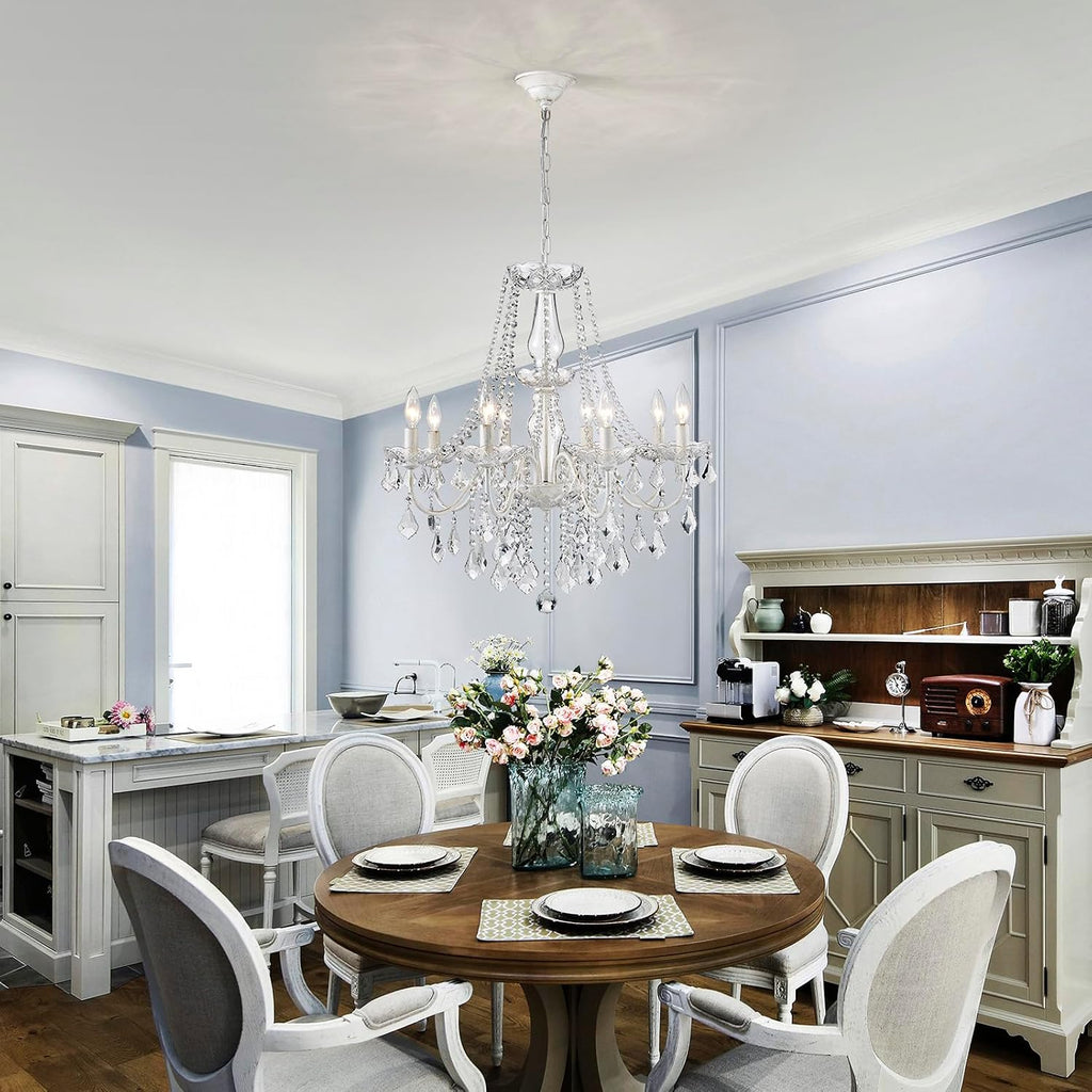8-Light White Crystal Chandelier - Modern Candle Style Pendant Light, 26.4" W x 25.8" H