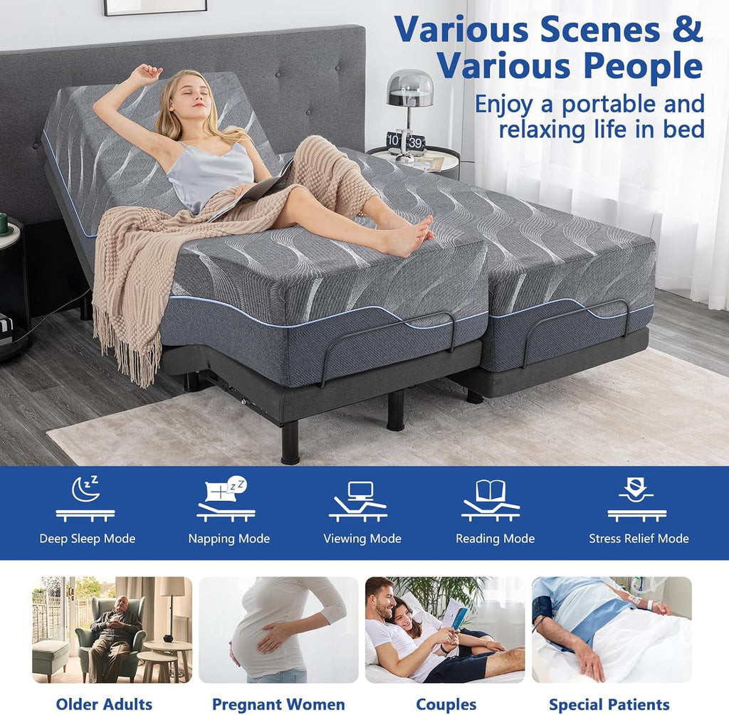 Split King Adjustable Bed Base, 12 Inch Gray Gel Memory Foam Medium-Firm Mattress in Box, Adjustable Bed Frame with 0
