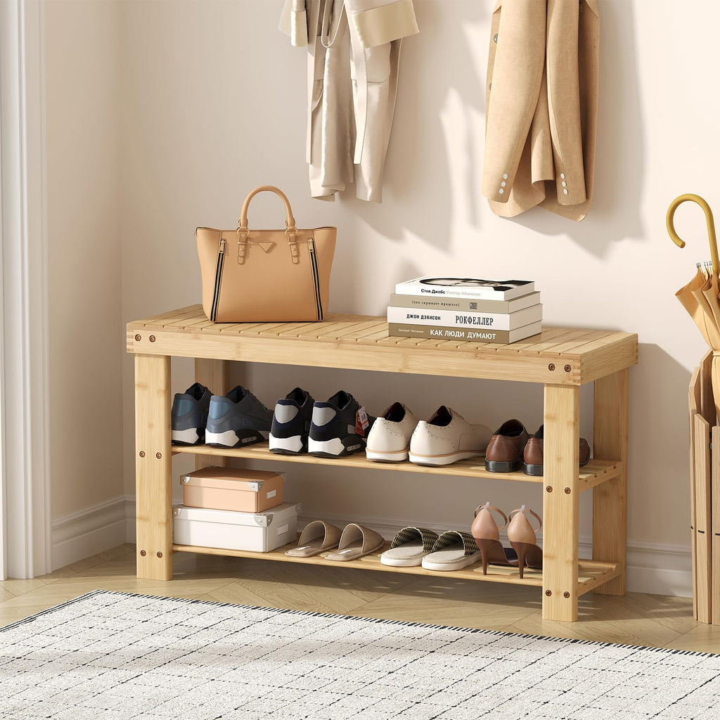 Shoe Rack Bench, 3-Tier Bamboo Shoe Organizer, Wooden Entryway Storage Bench, 286 lb Load Capacity, 11.2x35.5x17.9
