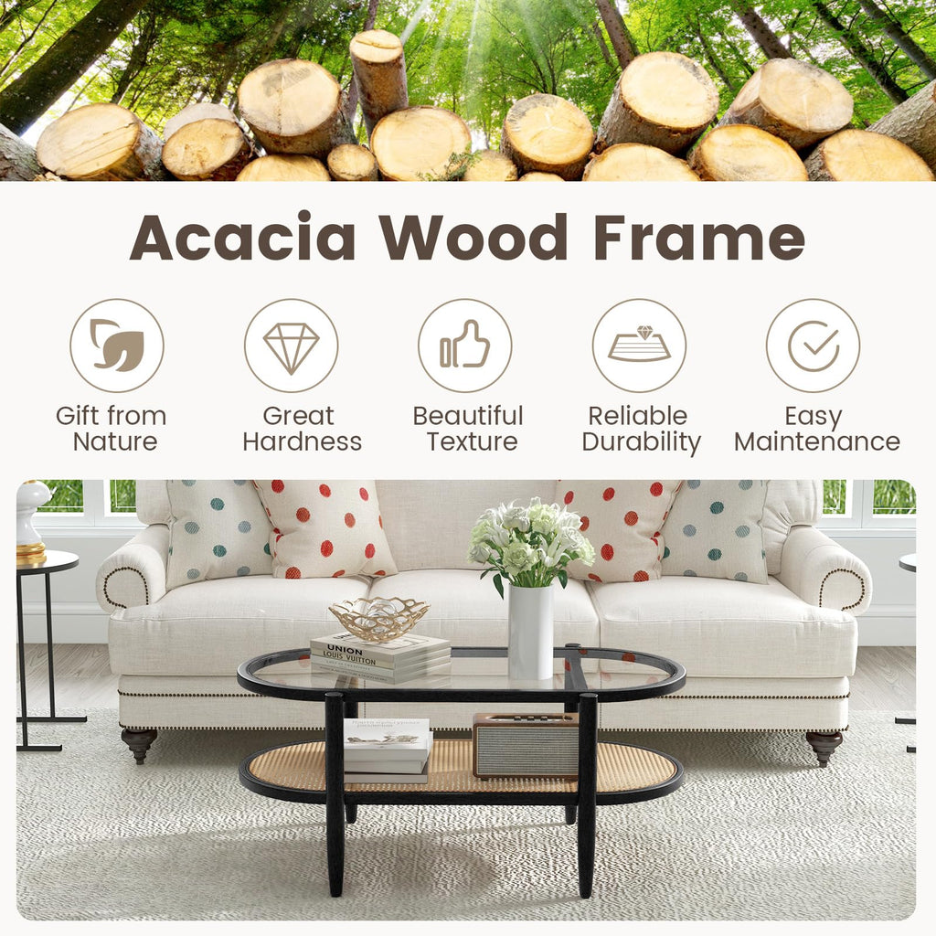 Rattan Coffee Table, 40"L Boho Oval Acacia Wood Cocktail Table with Tempered Glass Tabletop & PE Rattan Storage