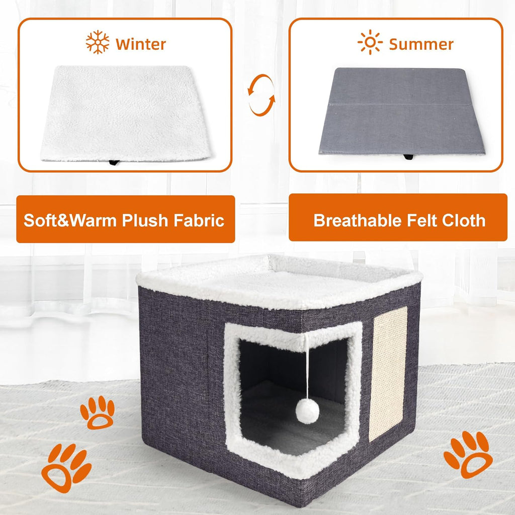 Cat Houses for Indoor Cats - Large Cat Bed Cave with Scratch Pad and Fluffy Ball, Foldable Cat Condo Hideaway