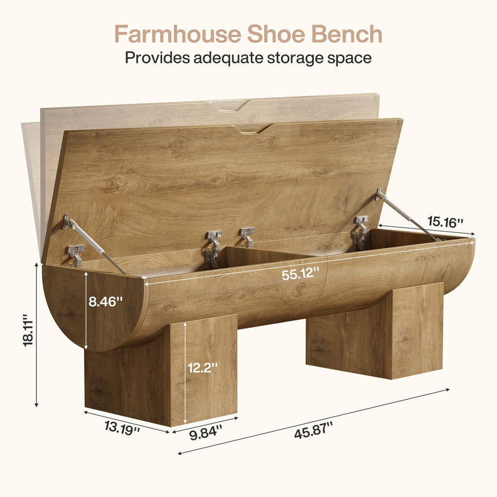 55" Entryway Storage Bench with 2 Safety Hinges, Farmhouse Shoe Bench with Flip-Top Storage, Supports 350 lbs, Easy