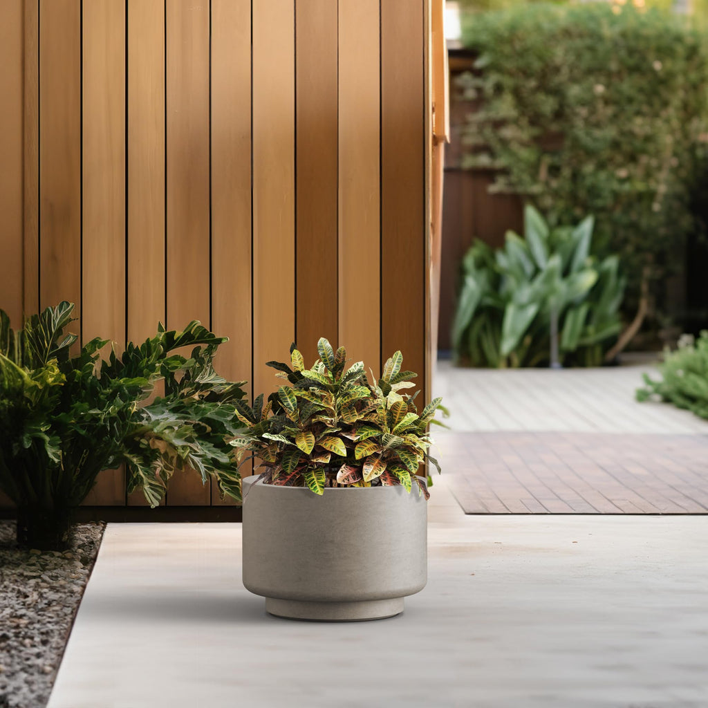 Accent Round Pedestal Weathered Concrete Planter 12.6" Dia, Outdoor