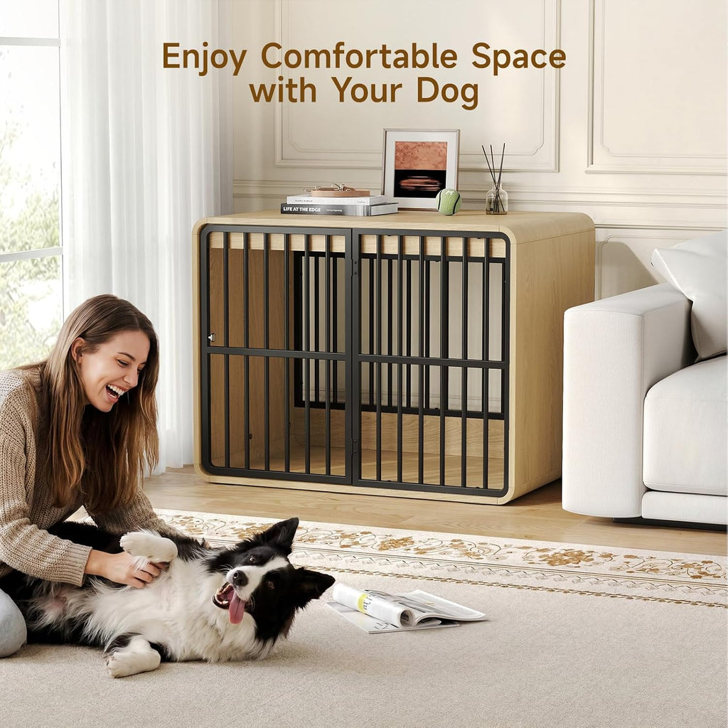 32" Dog Crate Furniture End Table for Medium Dogs, Natural Oak