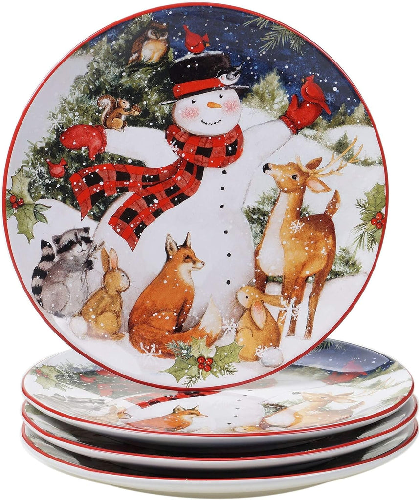 Magic of Christmas Snowman piece Dinnerware Set Service for 4 Green Multi Color Red Animal Casual Modern