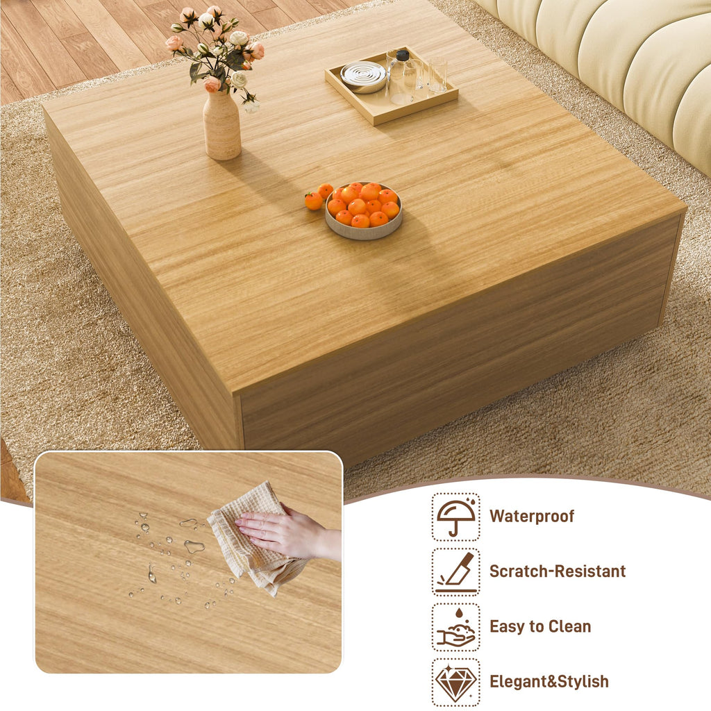 47 Inch Large Square Coffee Table with Storage, Wooden Coffee Table((OAK)