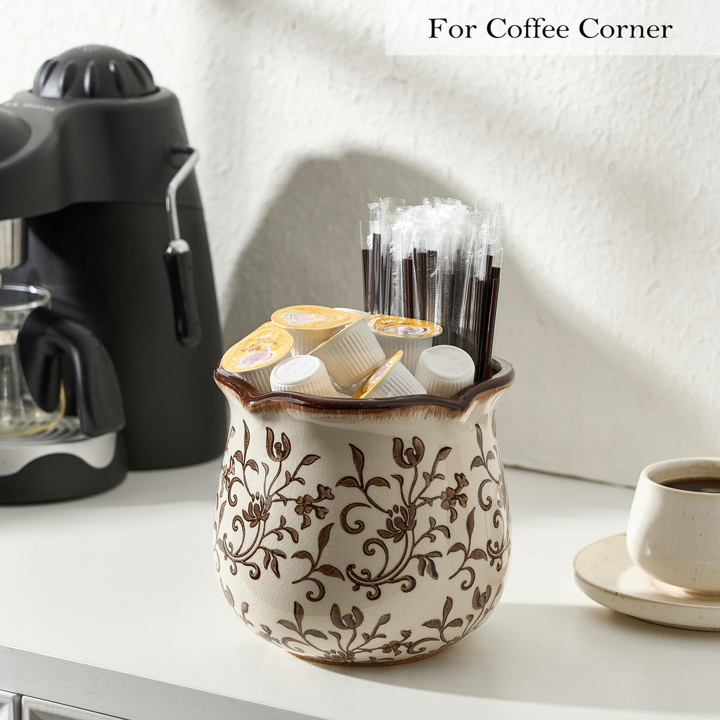 5.75" H Brown Wide Cooking Utensil Holder Counter, Modern Farmhouse Rustic Utensil Holder and Crock Home Kitchen