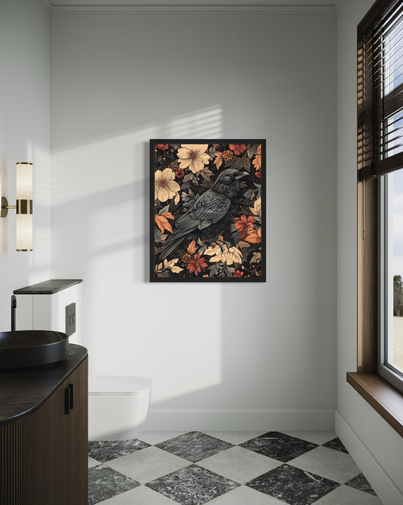 Raven Unframed Art Print Poster, William Morris Style Retro Mid Century Botanical Victorian Dark Academia Gothic