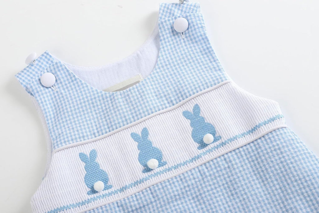 Baby Boys Bunny Smocked Shortalls, Cotton Jon Jon Romper - Spring Summer Toddler One Piece Outfit with Snaps Gift