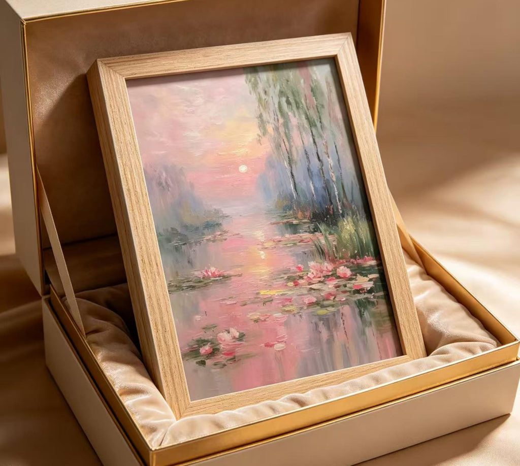 Framed Pink Water Lilies Wall Art, Impressionist Lotus Pond Oil Painting Canvas Prints, Serene Sunset Landscape Wall