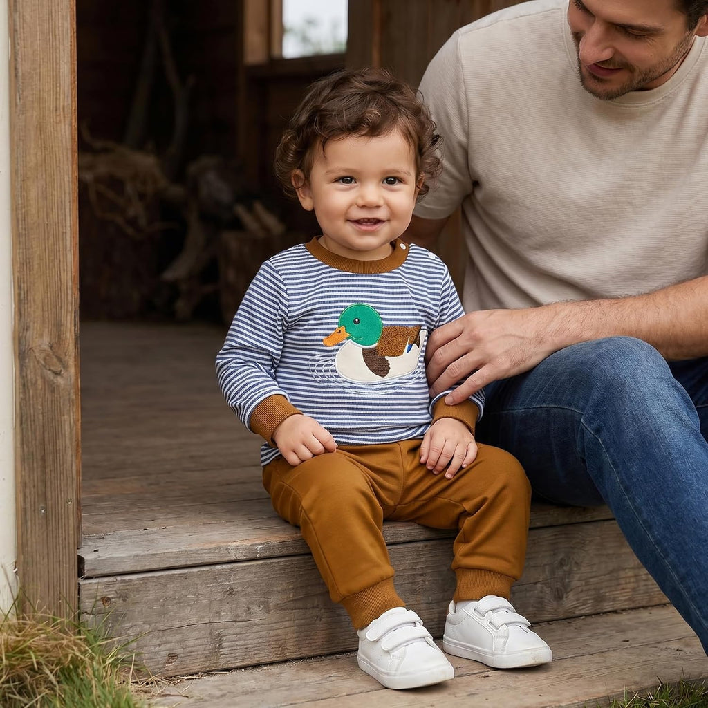Toddler Boy Fall Outfits Duck Embroidery Baby Sweatshirt Pants Set