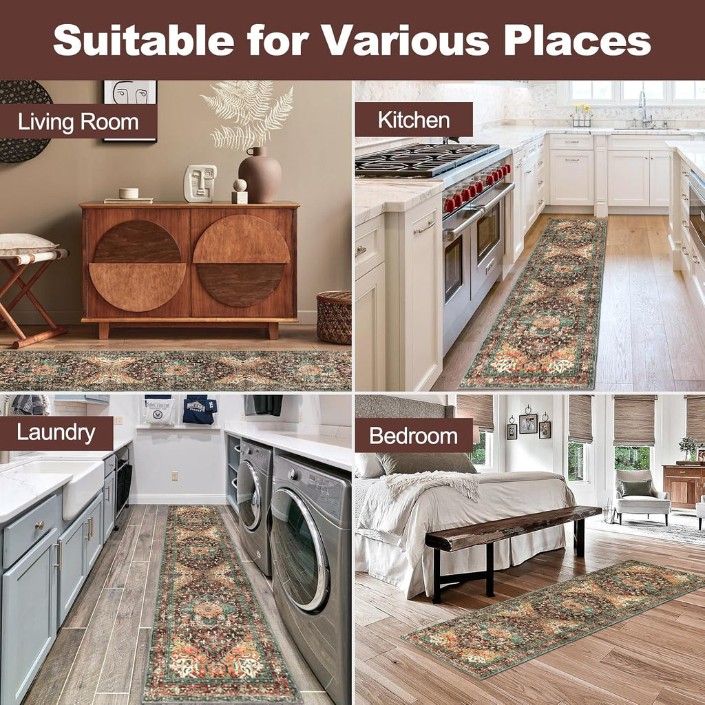 Washable Runner Rug, 2x8 Non-Slip Boho Vintage Hallway Kitchen Rug