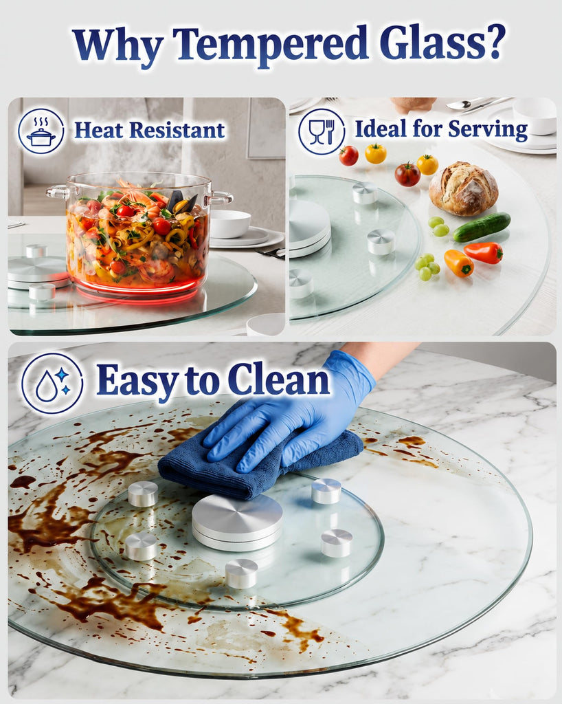 36" Glass Lazy Susan for Dining Table with 6 Rotating Wheels Table Top Centerpiece Kitchen Turntable Large Round