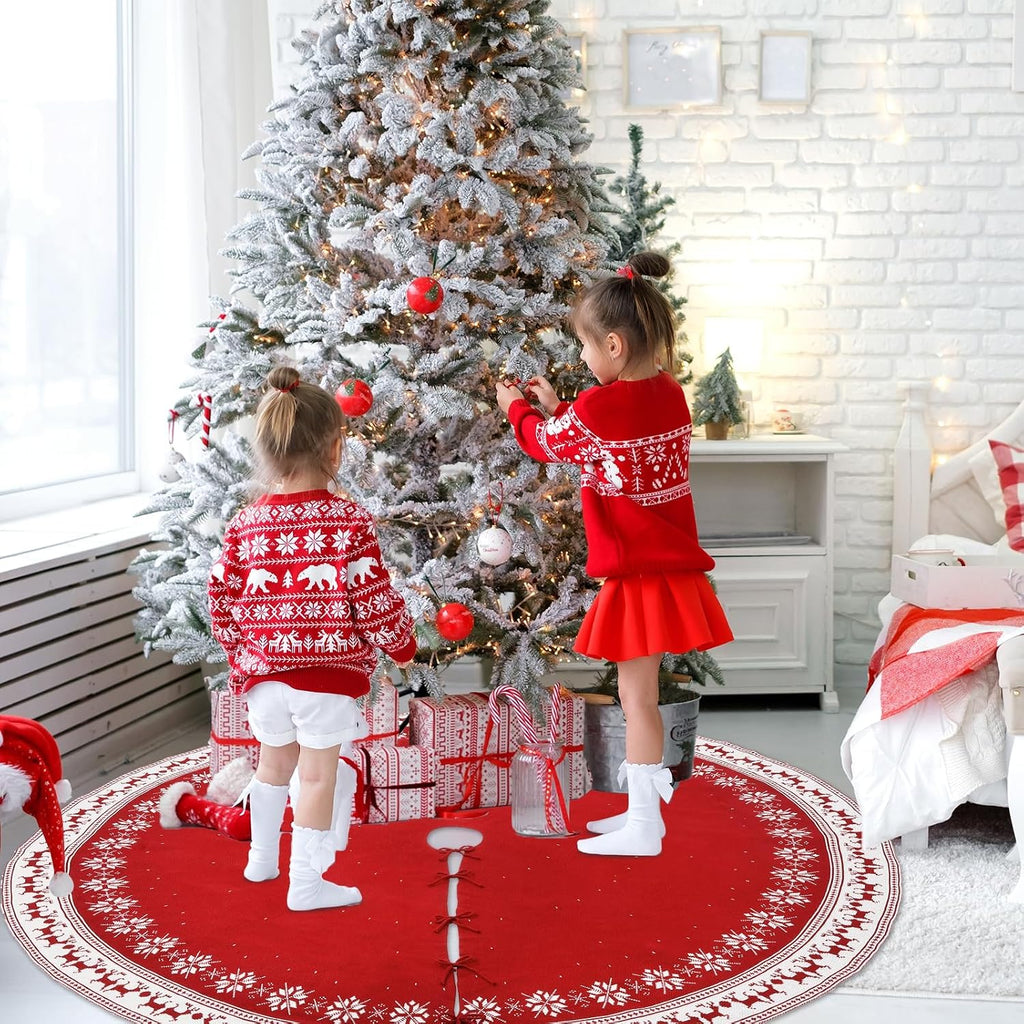 72 Inch Red Christmas Tree Skirt for 7.5 ft to 12ft Tree, Extra Large Vintage Christmas Knitted Tree Skirt Snowflake