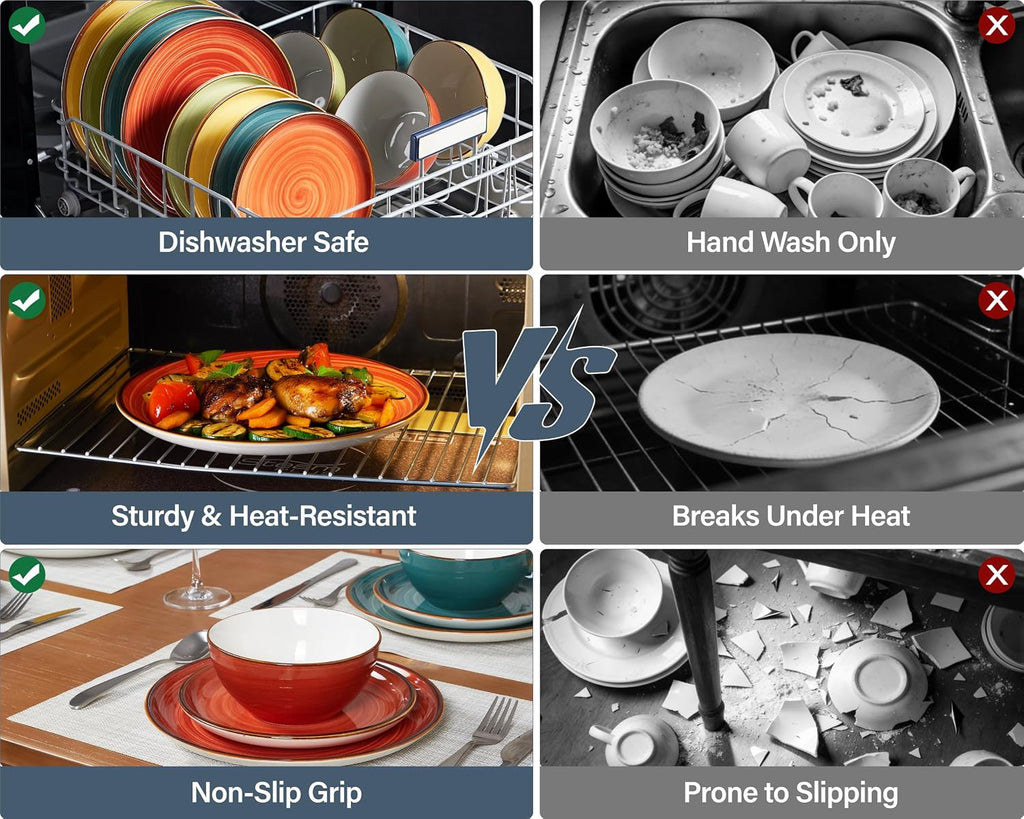 Plates and Bowls Set 12 Pcs,Stoneware Dinnerware Sets for 4 Microwavable,Oven & Dishwasher Safe Porcelain,Scratch