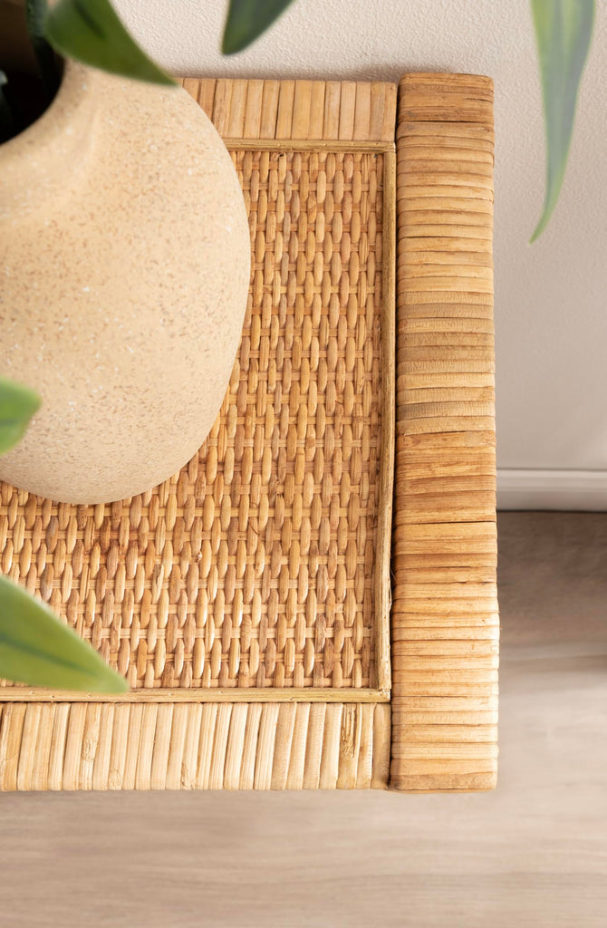 Rafina Coastal Rattan Rectangle Console Table, 36 x 12 x 30, Natural Brown, Decorative Tiered Rectangle Entryway