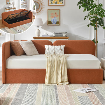 Twin Size Upholstered Daybed with Lift-Up Storage, Orange Boucle Textured Corner Bed with Reversible Armrest and