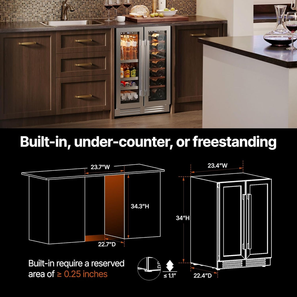 24 Inch Wine and Beverage Refrigerator, 60 Cans 20 Bottles Dual Zone Cooler with