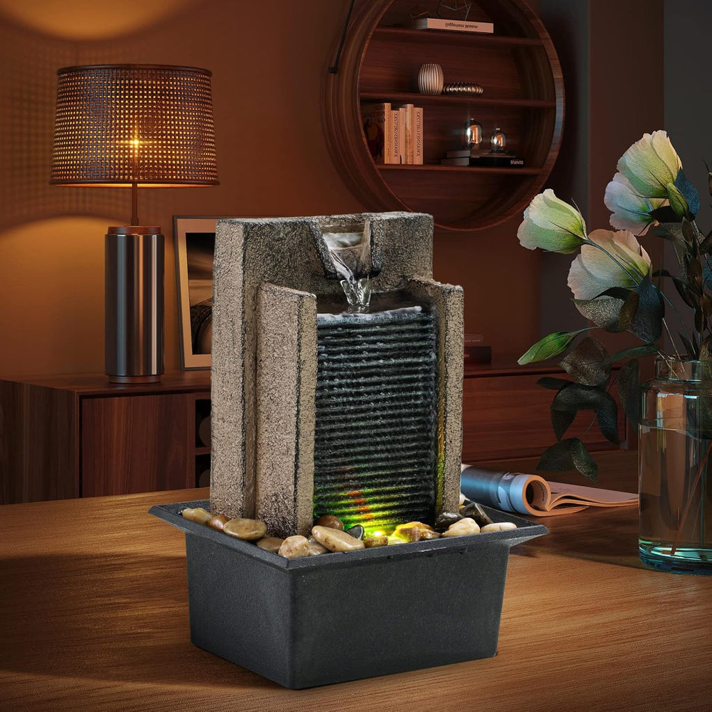 Tabletop Fountain Relaxing Tabletop Waterfall Fountain with Natural River Rocks & Color-Changing LED Lights - Indoor