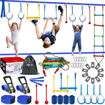 Warrior Obstacle Course for Kids, 2×56ft Slackline Kit with 10 Ninja Accessories - Monkey Bar, Rope Ladder, Gymnastic