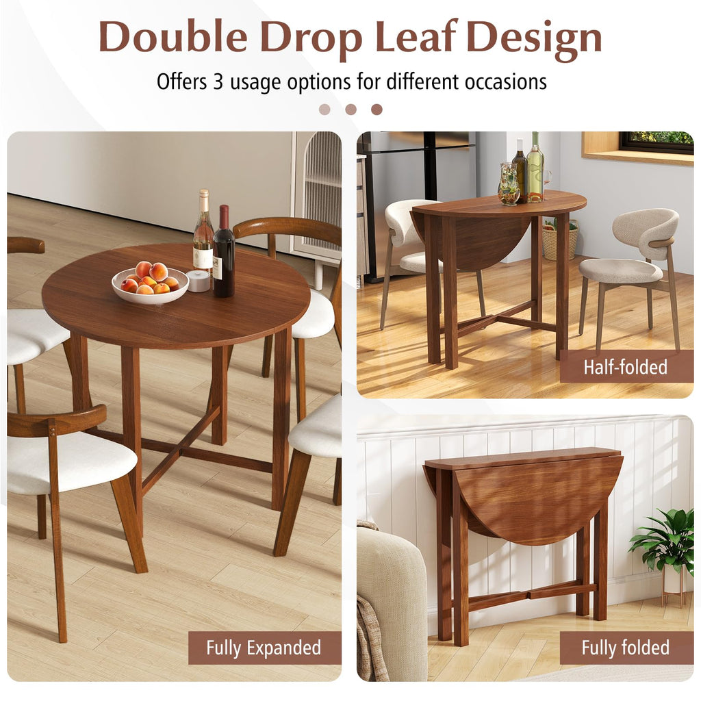 36" Folding Dining Table for 2-4, Extendable Drop Leaf Kitchen Table with Solid Rubber Wood Frame, Space-Saving Round