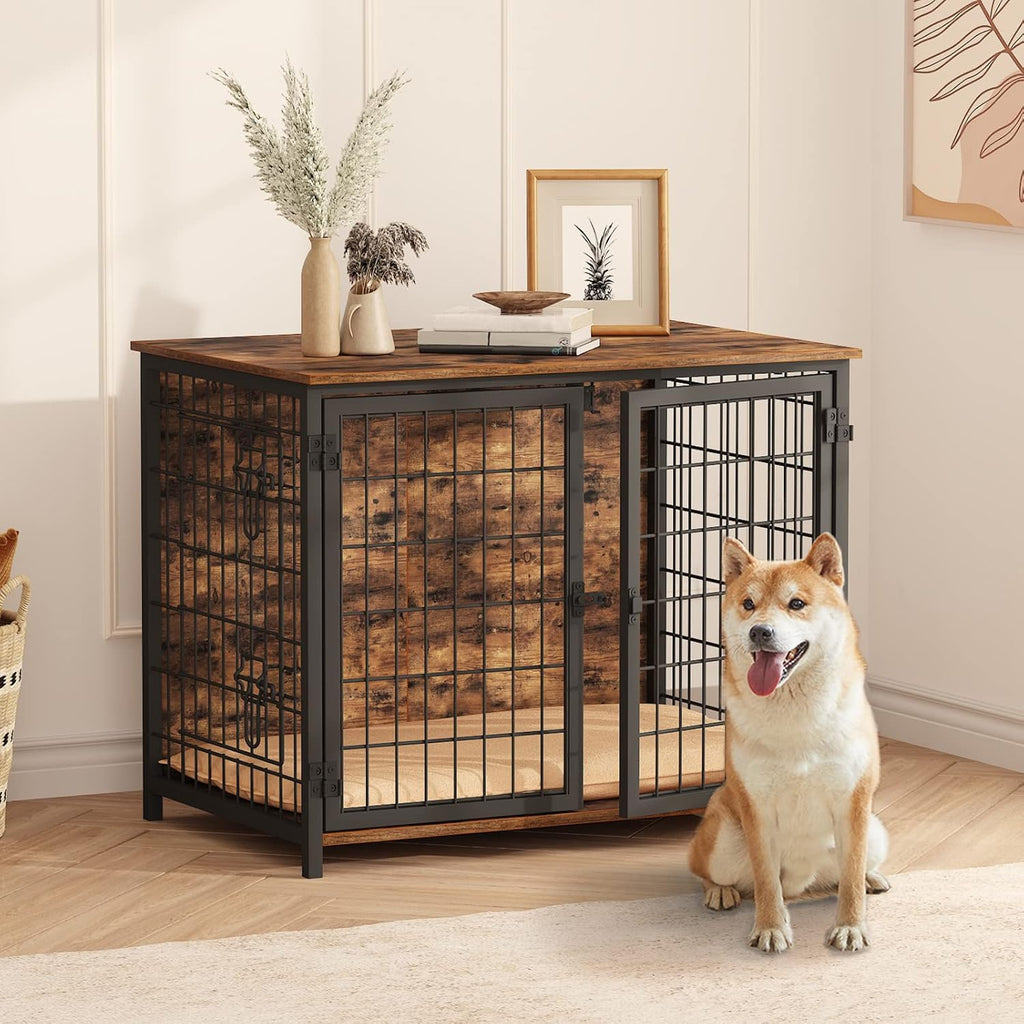 Dog Crate Furniture with Cushion, Wooden Dog Kennel with Double Doors, Heavy Duty Dog Cage for Small/Medium/Large Dogs