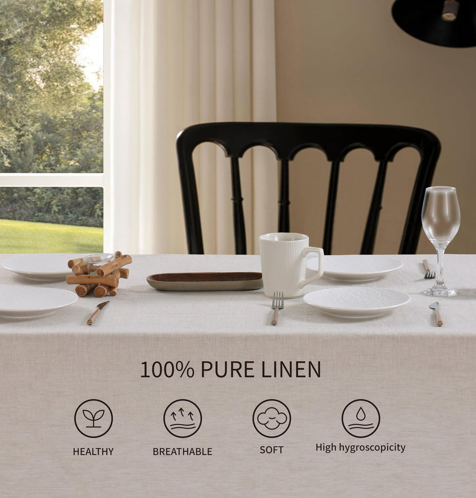 100% French Flax Linen Tablecloths Scalloped Embroidery Rectangle 84Lx60W Inch for Dinners, Parties, Spring, Easter
