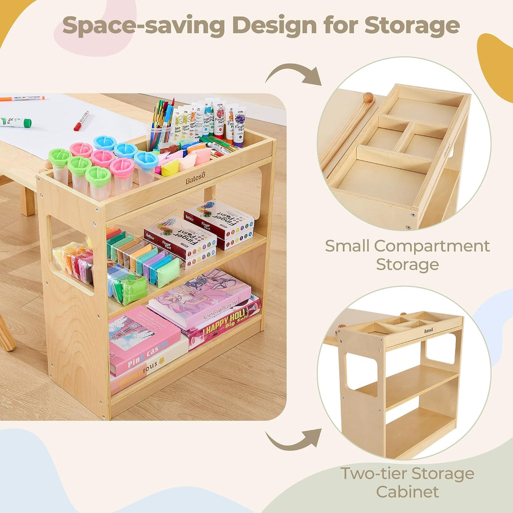 Kids Art Table and 2 Chairs Set with Roll Paper & Storage, Wooden Kid Craft Table for Drawing, Learning and Reading